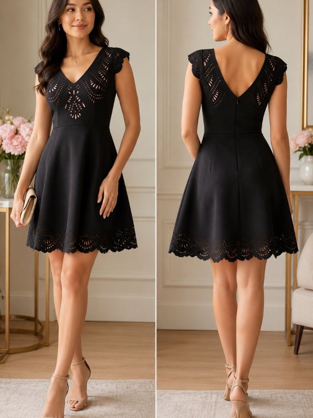 Le Château Black Laser Cut Fit & Flare Cocktail Dress Small